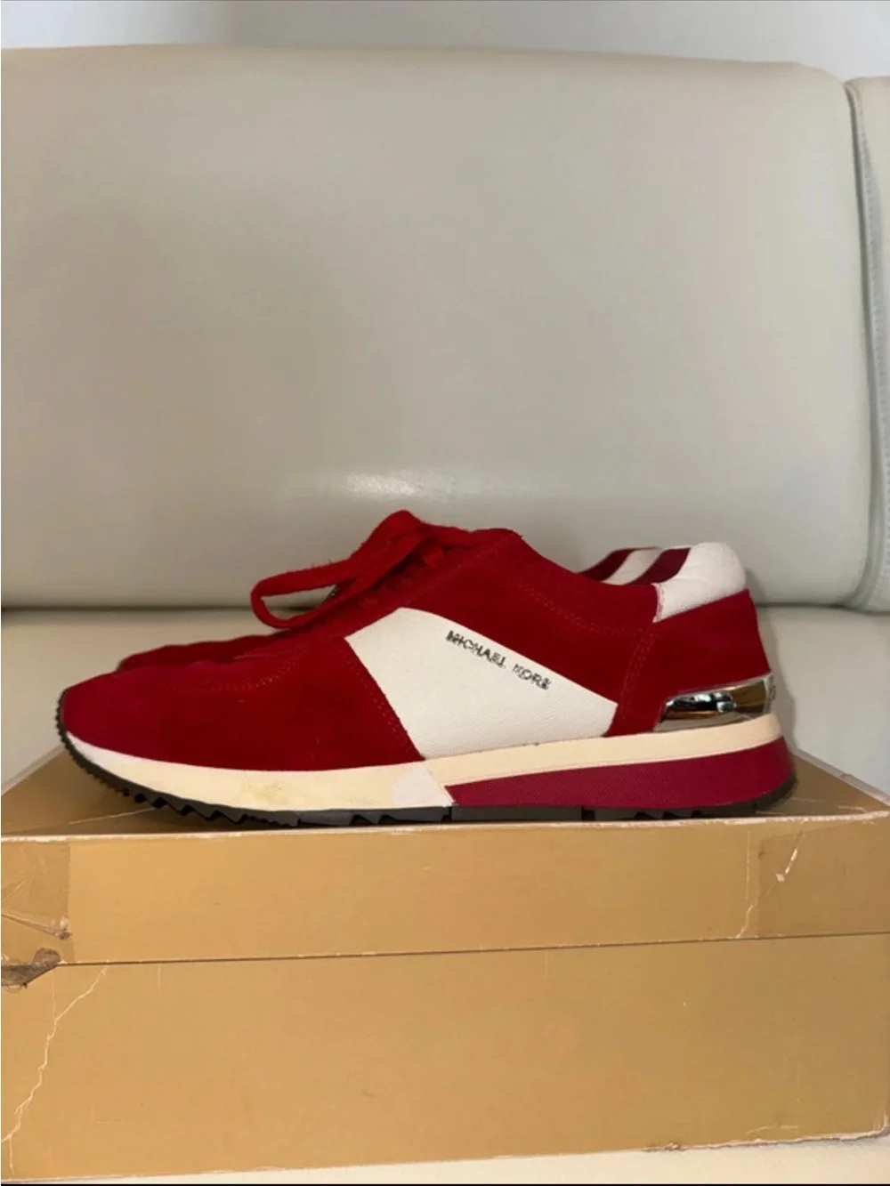 MICHAEL KORS RED & WHITE SUEDE LACE-UP SNEAKER
